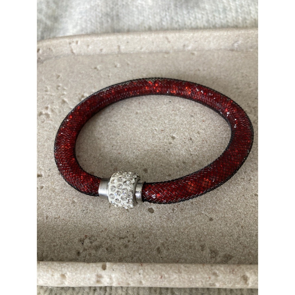 Red Crystal Tube Bracelet‎ Mesh Rhinestone Barrel Clasp Sparkly Magnetic